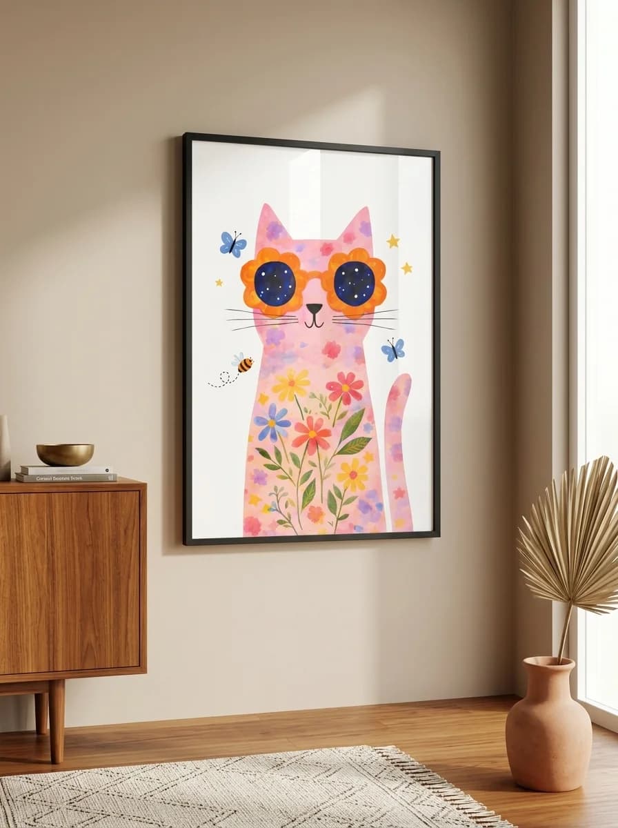 Flower Power Cat — Whimsical Pink Cat Canvas Wall Art