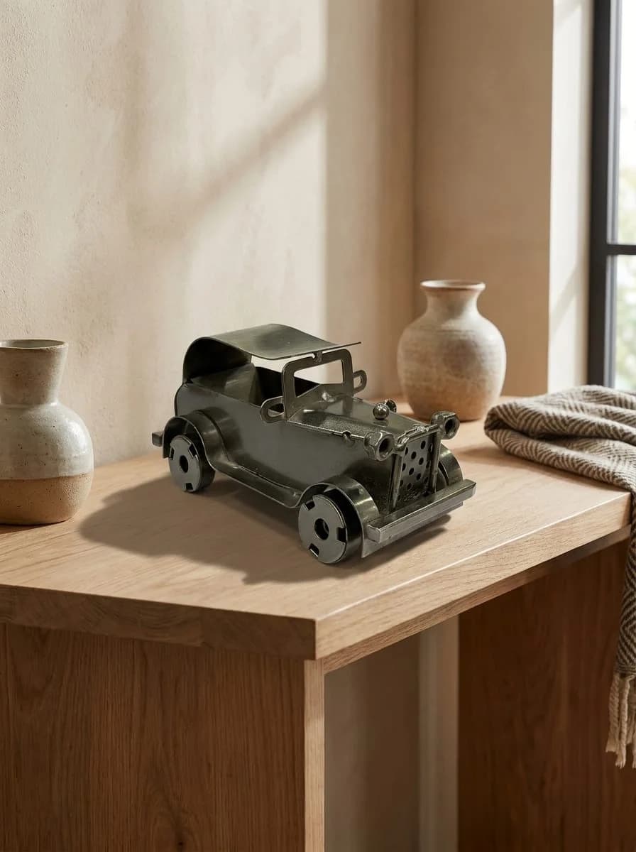 Handcrafted Antique Iron Roadster Coupe Vehicle Showpiece