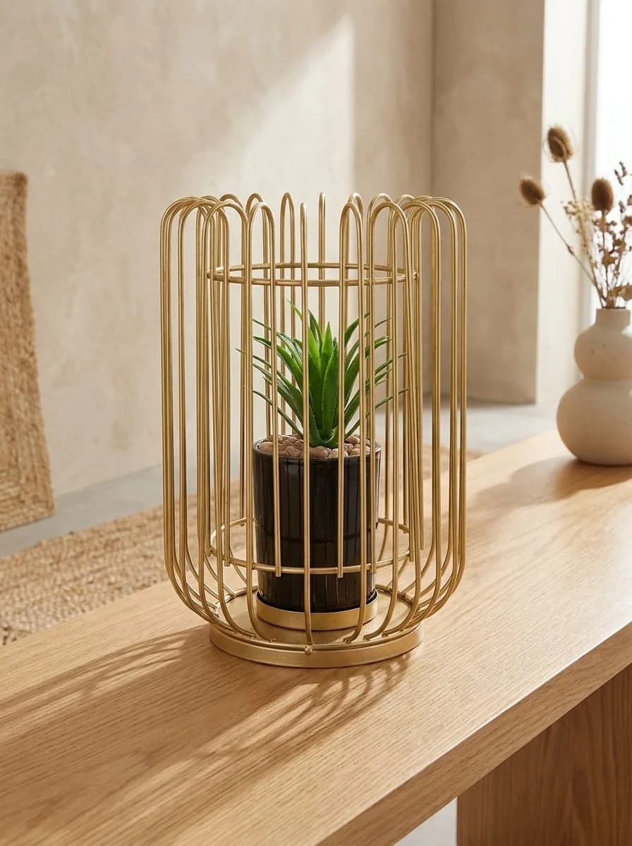 Nordic Gold Cylindrical Wire Cage Succulent Planter