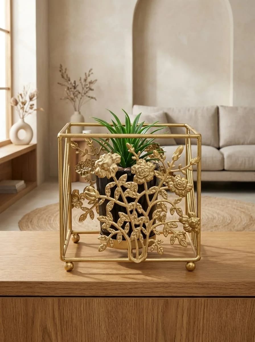 Gold Floral Vine Square Geometric Desk Planter