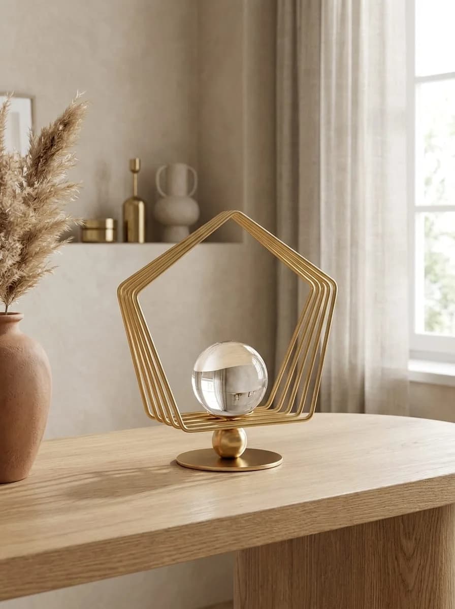 Gold Hexagon Wireframe Crystal Ball Accent