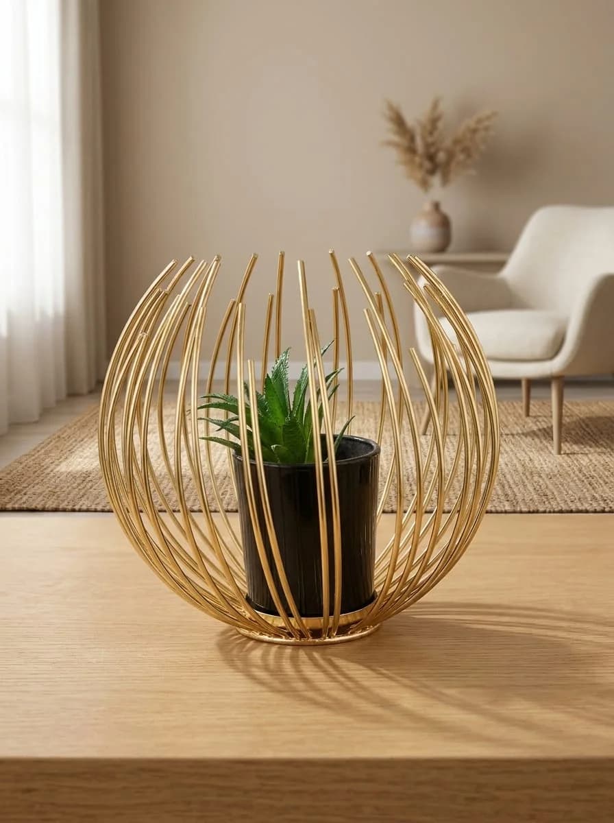 Nordic Gold Spherical Ribbed Wireframe Succulent Pot