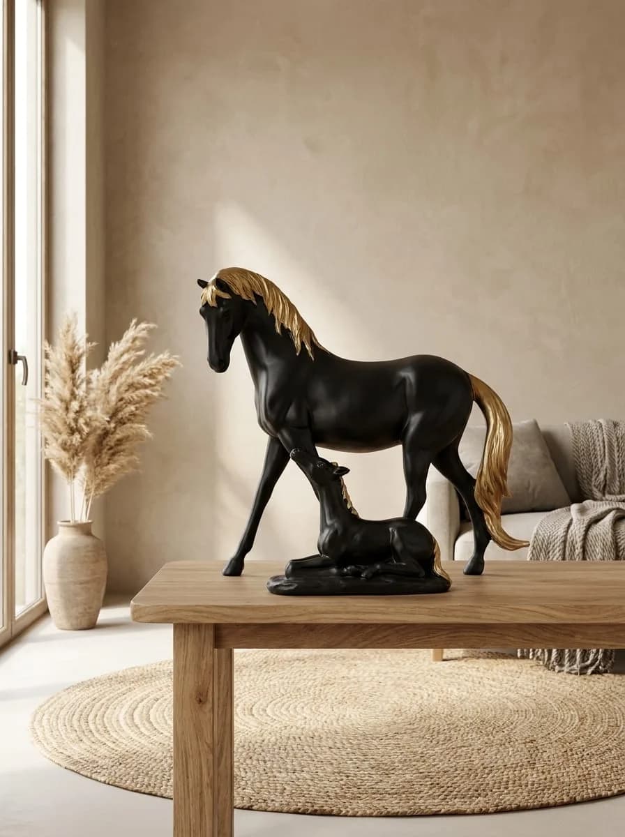 Modern Matte Black Horse & Foal Figurine