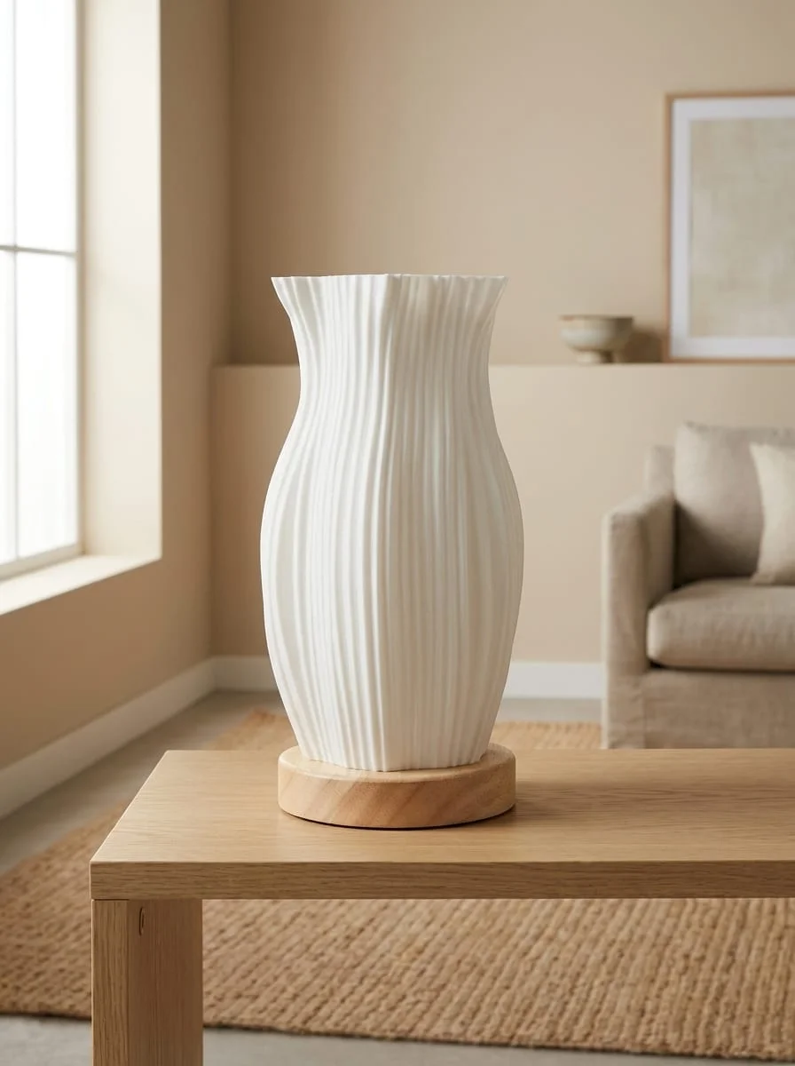 Nordic Fluted Wavy Vase / Lamp with Natural Wood Base