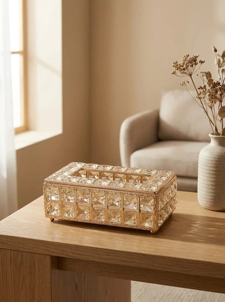 Luxury Rose Gold Crystal Faceted Tissue Box Cover