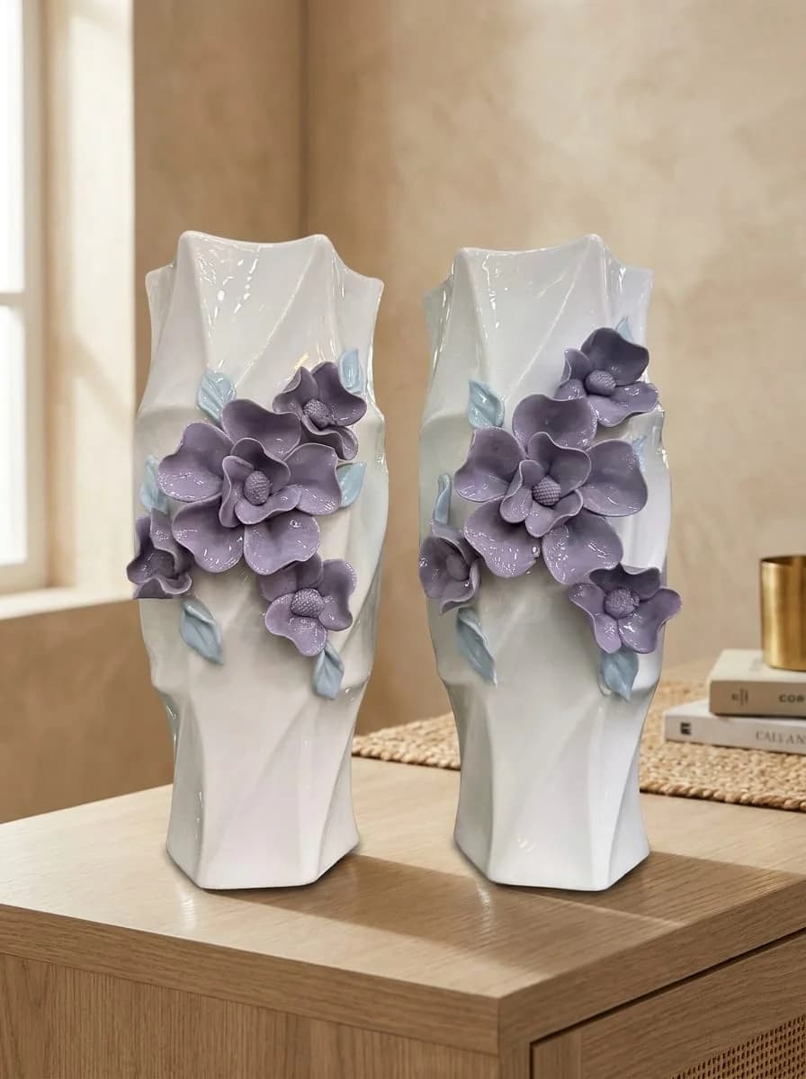 Luxury White Ceramic Geometric Vase with 3D Purple Petal Florals