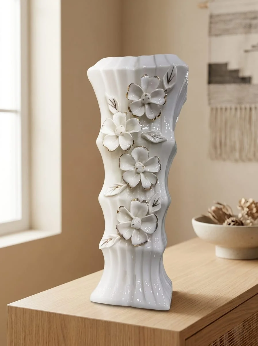 Handcrafted White Porcelain Fluted Flower Vase with Gilded 3D Blossoms