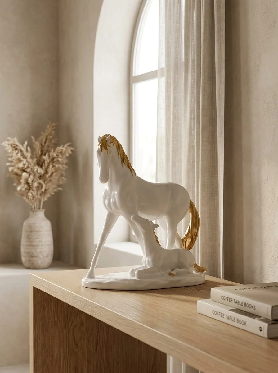 Elegant White Stallion Horse & Foal Statue